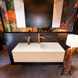 Badkamermeubelset Mondiaz Erin 120 cm met 1 Lade met RIDGE Wastafel Rechts Linen met 1 kraangat Greeploos Mat Rosee