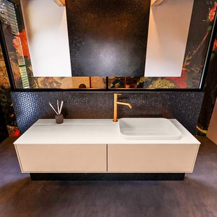 Badkamermeubelset Mondiaz Erin 150 cm met 2 Lades met RIDGE Wastafel Rechts Linen met 1 kraangat Greeploos Mat Rosee