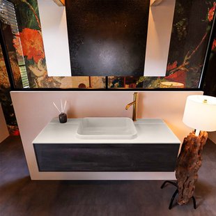 Badkamermeubelset Mondiaz Erin 120 cm met 1 Lade met RIDGE Wastafel Midden Linen met 1 kraangat Greeploos Mat Antracite