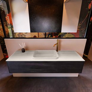 Badkamermeubelset Mondiaz Erin 150 cm met 1 Lade met RIDGE Wastafel Midden Linen met 1 kraangat Greeploos Mat Antracite