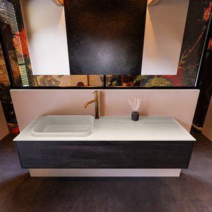 Badkamermeubelset Mondiaz Erin 150 cm met 1 Lade met RIDGE Wastafel Links Linen met 1 kraangat Greeploos Mat Antracite