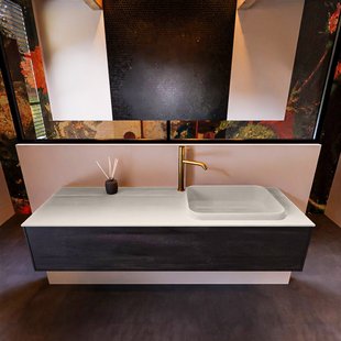 Badkamermeubelset Mondiaz Erin 150 cm met 1 Lade met RIDGE Wastafel Rechts Linen met 1 kraangat Greeploos Mat Antracite