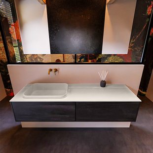 Badkamermeubelset Mondiaz Erin 150 cm met 2 Lades met RIDGE Wastafel Links Linen Zonder Kraangaten Greeploos Mat Antracite