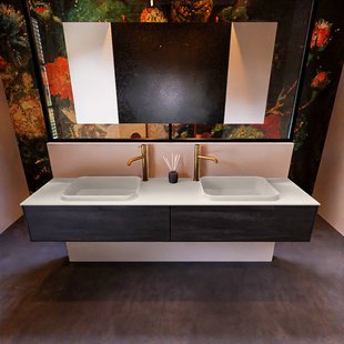 Badkamermeubelset Mondiaz Erin 200 cm met 2 Lades met RIDGE Wastafel Dubbel Linen met 2 kraangaten Greeploos Mat Antracite