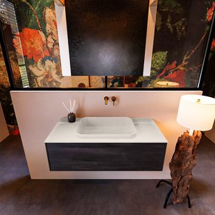 Badkamermeubelset Mondiaz Erin 100 cm met 1 Lade met RIDGE Wastafel Midden Linen Zonder Kraangaten Greeploos Mat Dark Brown