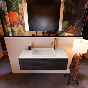 Badkamermeubelset Mondiaz Erin 100 cm met 1 Lade met RIDGE Wastafel Midden Linen met 1 kraangat Greeploos Mat Dark Brown