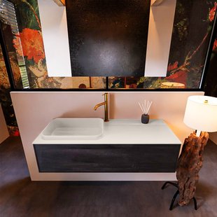 Badkamermeubelset Mondiaz Erin 120 cm met 1 Lade met RIDGE Wastafel Links Linen met 1 kraangat Greeploos Mat Dark Brown