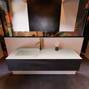 Badkamermeubelset Mondiaz Erin 150 cm met 1 Lade met RIDGE Wastafel Links Linen met 1 kraangat Greeploos Mat Dark Brown