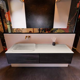 Badkamermeubelset Mondiaz Erin 150 cm met 2 Lades met RIDGE Wastafel Links Linen Zonder Kraangaten Greeploos Mat Dark Brown