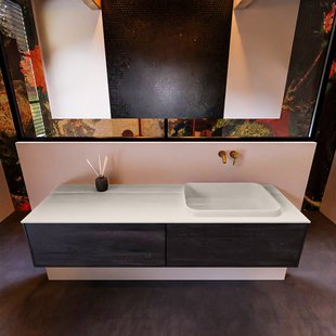 Badkamermeubelset Mondiaz Erin 150 cm met 2 Lades met RIDGE Wastafel Rechts Linen Zonder Kraangaten Greeploos Mat Dark Brown