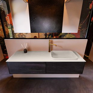 Badkamermeubelset Mondiaz Erin 150 cm met 2 Lades met RIDGE Wastafel Rechts Linen met 1 kraangat Greeploos Mat Dark Brown