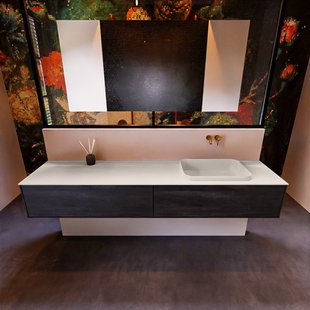 Badkamermeubelset Mondiaz Erin 200 cm met 2 Lades met RIDGE Wastafel Rechts Linen Zonder Kraangaten Greeploos Mat Dark Brown