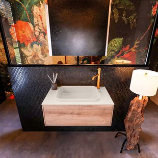 Badkamermeubelset Mondiaz Erin 80 cm met 1 Lade met RIDGE Wastafel Midden Linen met 1 kraangat Greeploos Mat Washed Oak