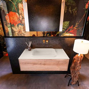 Badkamermeubelset Mondiaz Erin 100 cm met 1 Lade met RIDGE Wastafel Midden Linen Zonder Kraangaten Greeploos Mat Washed Oak