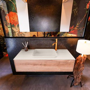 Badkamermeubelset Mondiaz Erin 120 cm met 1 Lade met RIDGE Wastafel Midden Linen met 1 kraangat Greeploos Mat Washed Oak