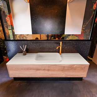 Badkamermeubelset Mondiaz Erin 150 cm met 1 Lade met RIDGE Wastafel Midden Linen met 1 kraangat Greeploos Mat Washed Oak