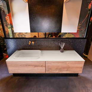 Badkamermeubelset Mondiaz Erin 150 cm met 2 Lades met RIDGE Wastafel Links Linen Zonder Kraangaten Greeploos Mat Washed Oak