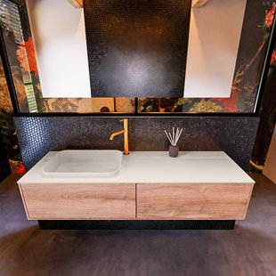 Badkamermeubelset Mondiaz Erin 150 cm met 2 Lades met RIDGE Wastafel Links Linen met 1 kraangat Greeploos Mat Washed Oak