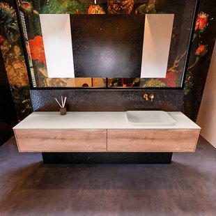 Badkamermeubelset Mondiaz Erin 200 cm met 2 Lades met RIDGE Wastafel Rechts Linen Zonder Kraangaten Greeploos Mat Washed Oak