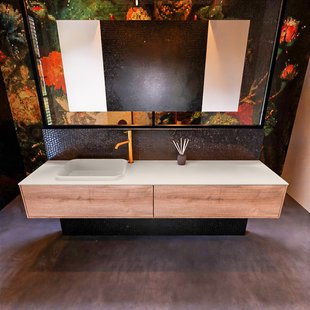 Badkamermeubelset Mondiaz Erin 200 cm met 2 Lades met RIDGE Wastafel Links Linen met 1 kraangat Greeploos Mat Washed Oak