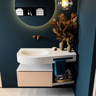 MONDIAZ RIVA 100cm badmeubel onderkast / planchet kleur Rosee met 1 lade. Wastafel DULCET links 0 kraangaten kleur Talc.