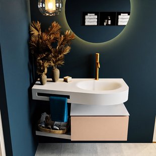 MONDIAZ RIVA 100cm badmeubel onderkast / planchet kleur Rosee met 1 lade. Wastafel DULCET rechts 1 kraangat kleur Talc.