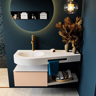 MONDIAZ RIVA 120cm badmeubel onderkast / planchet kleur Rosee met 1 lade. Wastafel DULCET links 1 kraangat kleur Talc.