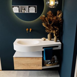 MONDIAZ RIVA 100cm badmeubel onderkast / planchet kleur Washed_Oak met 1 lade. Wastafel DULCET links 0 kraangaten kleur Talc.