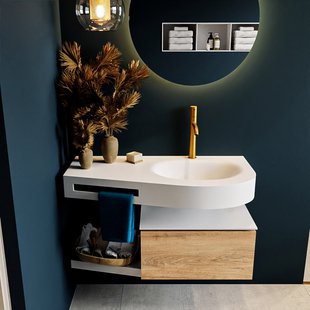 MONDIAZ RIVA 100cm badmeubel onderkast / planchet kleur Washed_Oak met 1 lade. Wastafel DULCET rechts 1 kraangat kleur Talc.