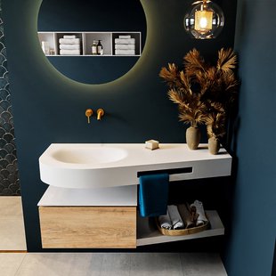 MONDIAZ RIVA 120cm badmeubel onderkast / planchet kleur Washed_Oak met 1 lade. Wastafel DULCET links 0 kraangaten kleur Talc.