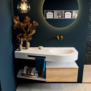 MONDIAZ RIVA 120cm badmeubel onderkast / planchet kleur Washed_Oak met 1 lade. Wastafel DULCET rechts 0 kraangaten kleur Talc.