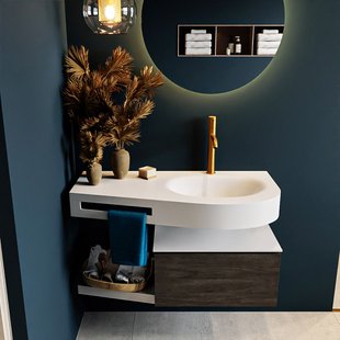 MONDIAZ RIVA 100cm badmeubel onderkast / planchet kleur Dark_Brown met 1 lade. Wastafel DULCET rechts 1 kraangat kleur Talc.