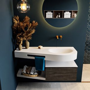 MONDIAZ RIVA 120cm badmeubel onderkast / planchet kleur Dark_Brown met 1 lade. Wastafel DULCET rechts 0 kraangaten kleur Talc.