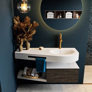 MONDIAZ RIVA 120cm badmeubel onderkast / planchet kleur Dark_Brown met 1 lade. Wastafel DULCET rechts 1 kraangat kleur Talc.