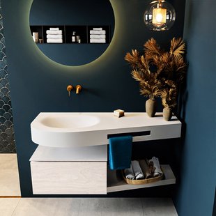 MONDIAZ RIVA 120cm badmeubel onderkast / planchet kleur Underlayment met 1 lade. Wastafel DULCET links 0 kraangaten kleur Talc.