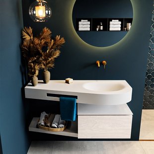 MONDIAZ RIVA 120cm badmeubel onderkast / planchet kleur Underlayment met 1 lade. Wastafel DULCET rechts 0 kraangaten kleur Talc.