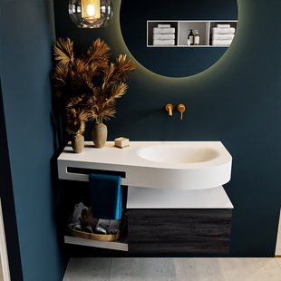 MONDIAZ RIVA 100cm badmeubel onderkast / planchet kleur Antracite met 1 lade. Wastafel DULCET rechts 0 kraangaten kleur Talc.