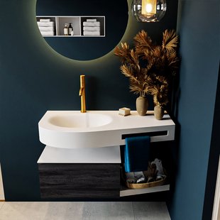 MONDIAZ RIVA 100cm badmeubel onderkast / planchet kleur Antracite met 1 lade. Wastafel DULCET links 1 kraangat kleur Talc.