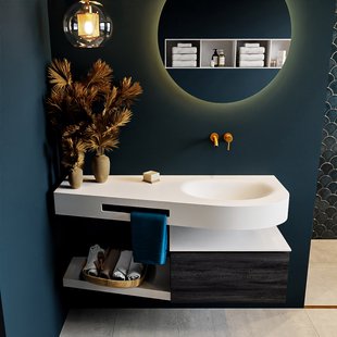 MONDIAZ RIVA 120cm badmeubel onderkast / planchet kleur Antracite met 1 lade. Wastafel DULCET rechts 0 kraangaten kleur Talc.