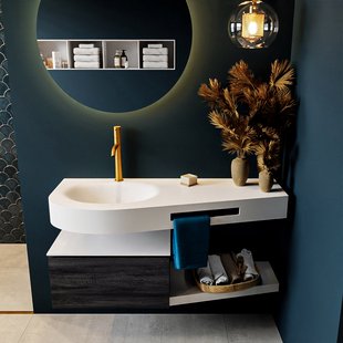 MONDIAZ RIVA 120cm badmeubel onderkast / planchet kleur Antracite met 1 lade. Wastafel DULCET links 1 kraangat kleur Talc.