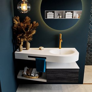 MONDIAZ RIVA 120cm badmeubel onderkast / planchet kleur Antracite met 1 lade. Wastafel DULCET rechts 1 kraangat kleur Talc.