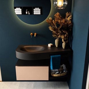 MONDIAZ RIVA 100cm badmeubel onderkast / planchet kleur Rosee met 1 lade. Wastafel DULCET links 0 kraangaten kleur Urban.
