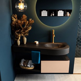 MONDIAZ RIVA 120cm badmeubel onderkast / planchet kleur Rosee met 1 lade. Wastafel DULCET rechts 1 kraangat kleur Urban.