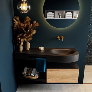 MONDIAZ RIVA 120cm badmeubel onderkast / planchet kleur Washed_Oak met 1 lade. Wastafel DULCET rechts 0 kraangaten kleur Urban.