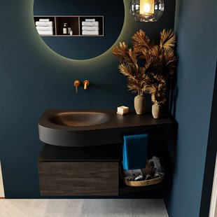 MONDIAZ RIVA 100cm badmeubel onderkast / planchet kleur Dark_Brown met 1 lade. Wastafel DULCET links 0 kraangaten kleur Urban.