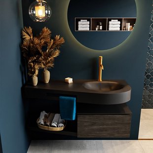 MONDIAZ RIVA 120cm badmeubel onderkast / planchet kleur Dark_Brown met 1 lade. Wastafel DULCET rechts 1 kraangat kleur Urban.