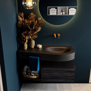 MONDIAZ RIVA 100cm badmeubel onderkast / planchet kleur Antracite met 1 lade. Wastafel DULCET rechts 0 kraangaten kleur Urban.