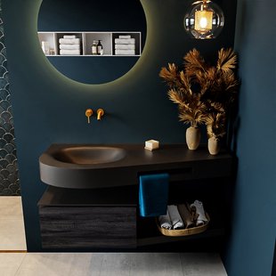 MONDIAZ RIVA 120cm badmeubel onderkast / planchet kleur Antracite met 1 lade. Wastafel DULCET links 0 kraangaten kleur Urban.