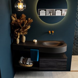 MONDIAZ RIVA 120cm badmeubel onderkast / planchet kleur Antracite met 1 lade. Wastafel DULCET rechts 0 kraangaten kleur Urban.