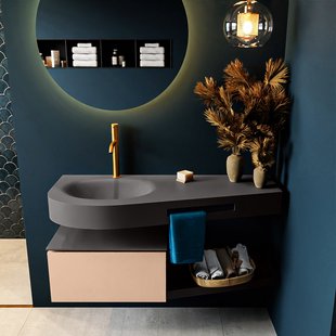 MONDIAZ RIVA 120cm badmeubel onderkast / planchet kleur Rosee met 1 lade. Wastafel DULCET links 1 kraangat kleur Dark_Grey.
